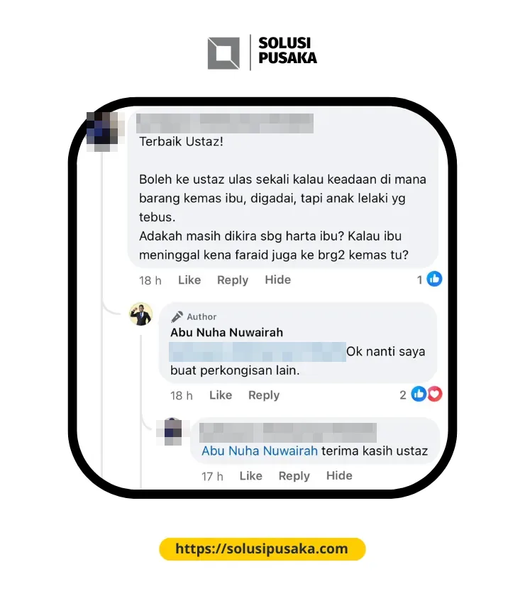 Soalan yang diterima tentang emas yang digadai ibu dan ditebus oleh anak lelaki