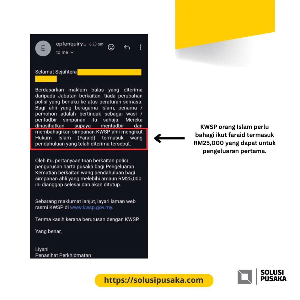 Kenyataan bertulis daripada KWSP yang menjelaskan bahawa pengeluaran RM25,000 pertama hanya cara pembahagian dan bukan peruntukan nafkah